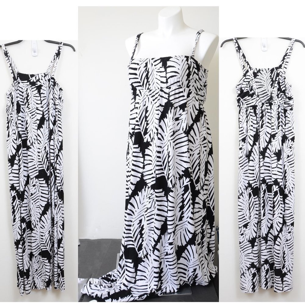 Lane Bryant PLUS 1X Maxi Dress Spaghetti Strap Black White Palm Leaves Vacay NEW